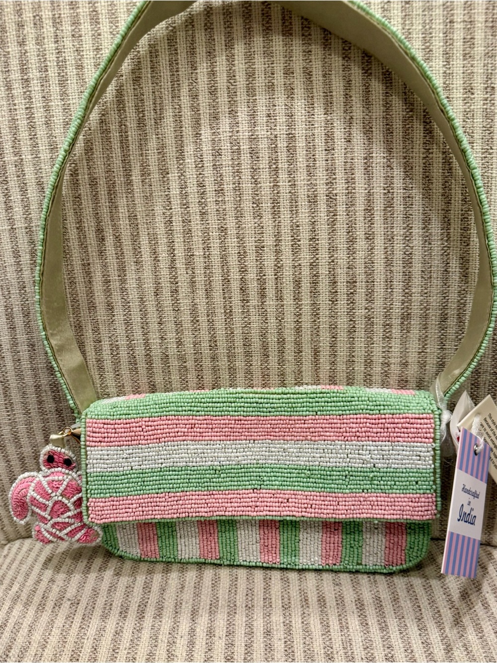Beaded Pink & Green Stripe Shoulder Bag by